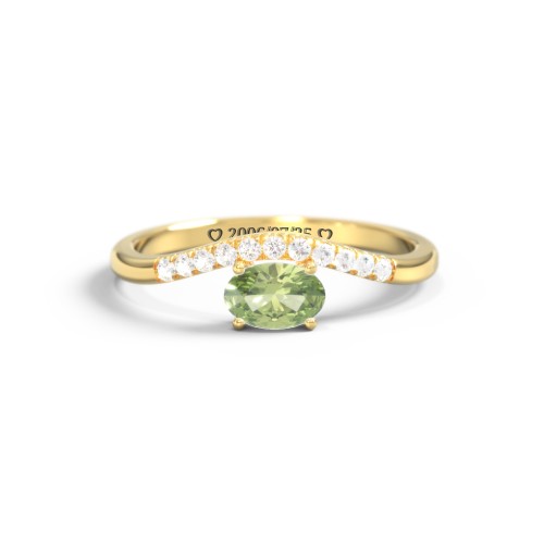 East-West Oval Gemstone Curved Ring with Accents – 10K Yellow Gold with Peridot and Cubic Zirconia