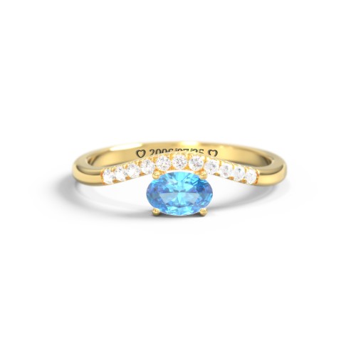 East-West Oval Gemstone Curved Ring with Accents – 10K Yellow Gold with Blue Topaz and Cubic Zirconia