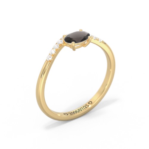 East-West Oval Gemstone Curved Ring with Accents – 10K Yellow Gold with Smokey Quartz and Cubic Zirconia