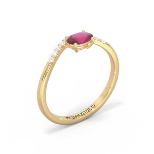 East-West Oval Gemstone Curved Ring with Accents – 10K Yellow Gold with Ruby and Cubic Zirconia