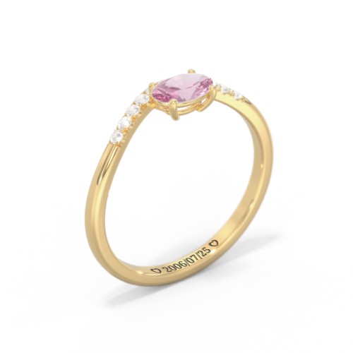 East-West Oval Gemstone Curved Ring with Accents – 10K Yellow Gold with Pink Tourmaline and Cubic Zirconia