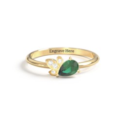 Pear Gemstone Ring with Leaf Motif Accent Stones in 18K Gold Plated Silver with Emerald and Cubic Zirconia