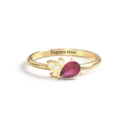 Pear Gemstone Ring with Leaf Motif Accent Stones in 18K Gold Plated Silver with Ruby and Cubic Zirconia