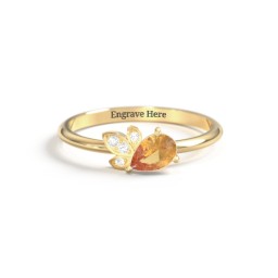 Pear Gemstone Ring with Leaf Motif Accent Stones in 18K Gold Plated Silver with Citrine and Cubic Zirconia