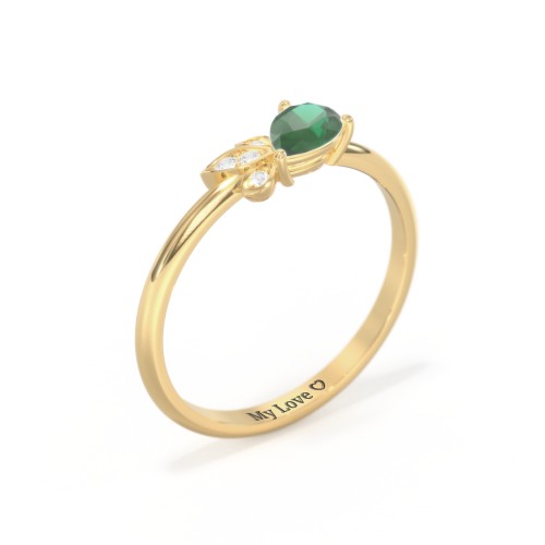 Pear Gemstone Ring with Leaf Motif Accent Stones – 18K Gold Plated Silver with Emerald and Cubic Zirconia