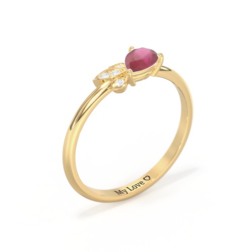 Pear Gemstone Ring with Leaf Motif Accent Stones – 18K Gold Plated Silver with Ruby and Cubic Zirconia