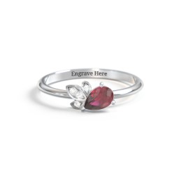 Pear Gemstone Ring with Leaf Motif Accent Stones in 10K Solid White Gold with Ruby
