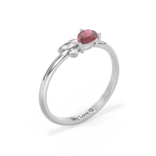 Pear Gemstone Ring with Leaf Motif Accent Stones – 10K White Gold with Ruby and Cubic Zirconia