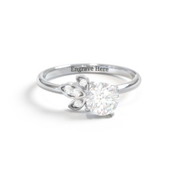 Round Gemstone Ring with Petal Accents in 925 Sterling Silver with White Sapphire, Cubic Zirconia, and White Premium Zirconia
