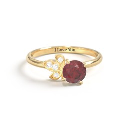 Round Gemstone Ring with Petal Accents in 18K Gold Plated Silver with Red Premium Zirconia, Cubic Zirconia, and White Premium Zirconia