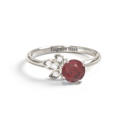 Round Gemstone Ring with Petal Accents in 10K Solid White Gold with Red Premium Zirconia, Cubic Zirconia, and White Premium Zirconia