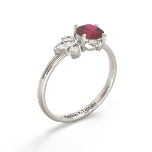 Round Gemstone Ring with Petal Accents – 10K White Gold with Red Premium Zirconia, Cubic Zirconia, and White Premium Zirconia