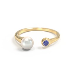 Pearl And Birthstone Open Cuff Ring in 10K Solid Yellow Gold with Blue Sapphire and Freshwater Pearl