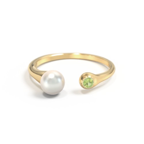 Pearl And Birthstone Open Cuff Ring – 10K Yellow Gold with Freshwater Pearl and Peridot