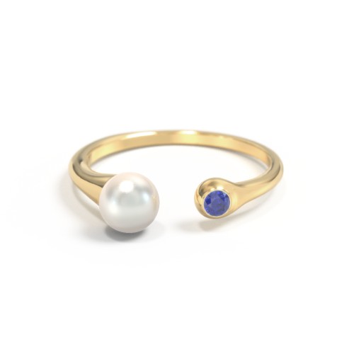 Pearl And Birthstone Open Cuff Ring – 10K Yellow Gold with Freshwater Pearl and Blue Sapphire