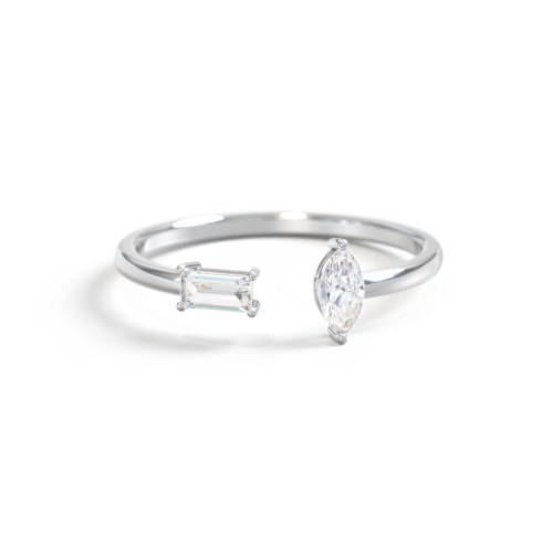 Baguette & Marquise Gemstone Open Cuff Ring – Sterling Silver with White Sapphire