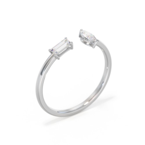 Baguette & Marquise Gemstone Open Cuff Ring – Sterling Silver with White Sapphire