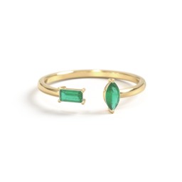 Baguette & Marquise Gemstone Open Cuff Ring in 18K Gold Plated Silver with Emerald