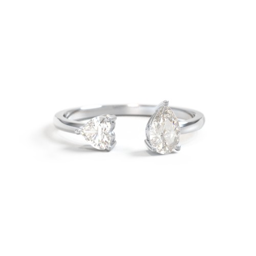 Heart & Pear Gemstone Open Cuff Ring – Sterling Silver with Cubic Zirconia