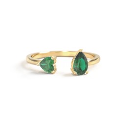 Heart & Pear Gemstone Open Cuff Ring in 18K Gold Plated Silver with Emerald