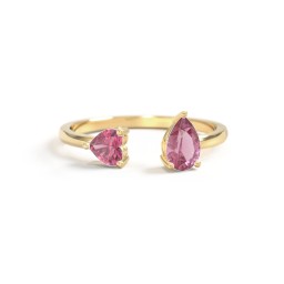 Heart & Pear Gemstone Open Cuff Ring in 18K Gold Plated Silver with Pink Tourmaline