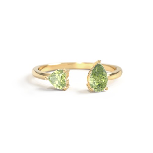 Heart & Pear Gemstone Open Cuff Ring – 18K Gold Plated Silver with Peridot