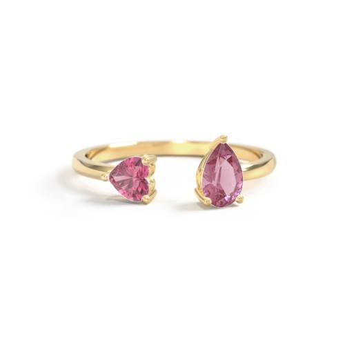 Heart & Pear Gemstone Open Cuff Ring – 18K Gold Plated Silver with Pink Tourmaline