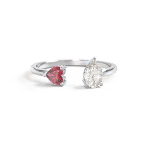 Heart & Pear Gemstone Open Cuff Ring – Sterling Silver with Ruby and Cubic Zirconia