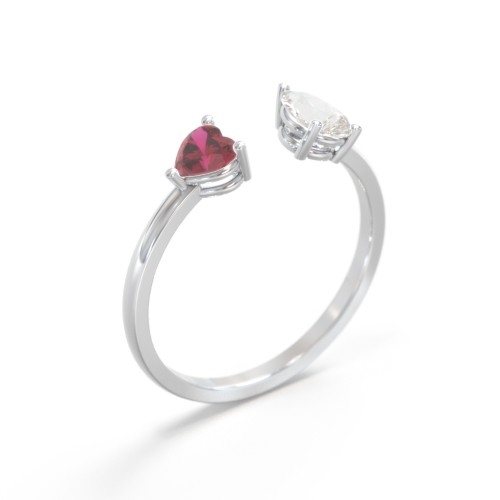 Heart & Pear Gemstone Open Cuff Ring – Sterling Silver with Ruby and Cubic Zirconia