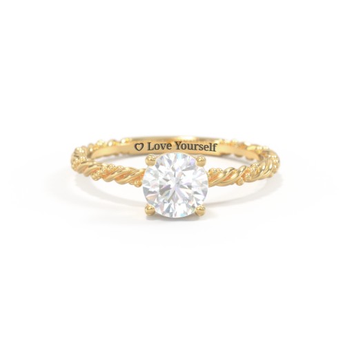 Solitaire Gemstone Ring with Twisted Rope & Bead Band – 18K Gold Plated Silver with Lab Diamond