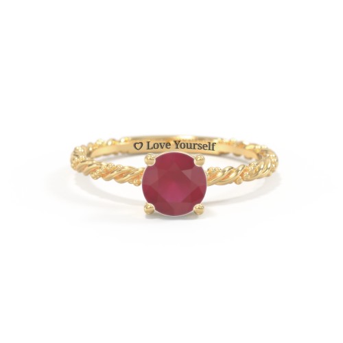 Solitaire Gemstone Ring with Twisted Rope & Bead Band – 18K Gold Plated Silver with Ruby