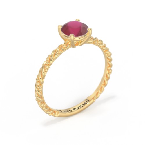 Solitaire Gemstone Ring with Twisted Rope & Bead Band – 18K Gold Plated Silver with Ruby