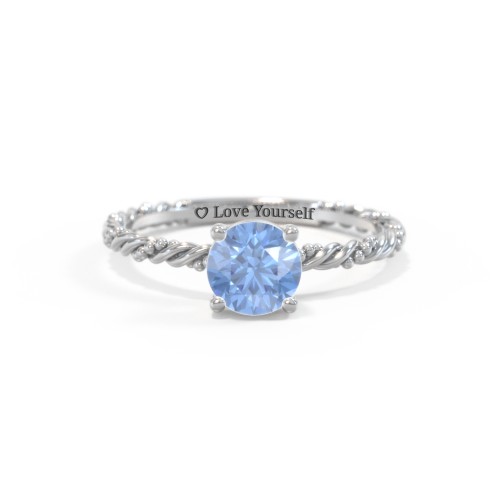 Solitaire Gemstone Ring with Twisted Rope & Bead Band – Sterling Silver with Fancy Blue Premium Zirconia