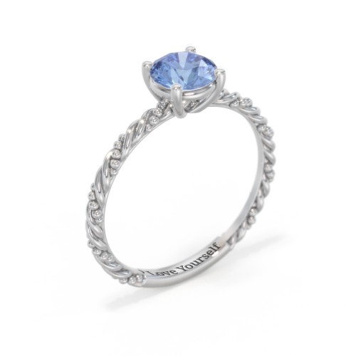 Solitaire Gemstone Ring with Twisted Rope & Bead Band – Sterling Silver with Fancy Blue Premium Zirconia