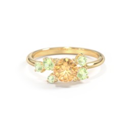 Round Gemstone Ring with Scattered Side Stones in 10K Solid Yellow Gold with Fancy Yellow Premium Zirconia and Peridot