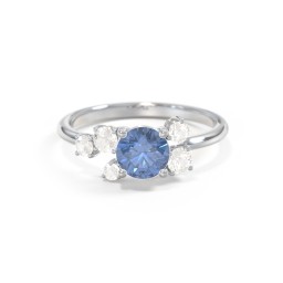 Round Gemstone Ring with Scattered Side Stones in 10K Solid White Gold with Ice Blue Sapphire and Cubic Zirconia
