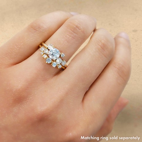 Round Gemstone Ring with Scattered Side Stones – 10K White Gold with Ice Blue Sapphire and Cubic Zirconia