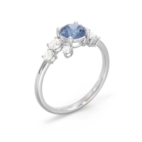 Round Gemstone Ring with Scattered Side Stones – 10K White Gold with Ice Blue Sapphire and Cubic Zirconia