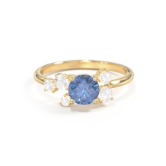 Round Gemstone Ring with Scattered Side Stones – 10K Yellow Gold with Ice Blue Sapphire and Cubic Zirconia