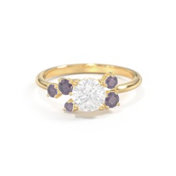 Round Gemstone Ring with Scattered Side Stones in 10K Solid Yellow Gold with White Premium Zirconia and Alexandrite