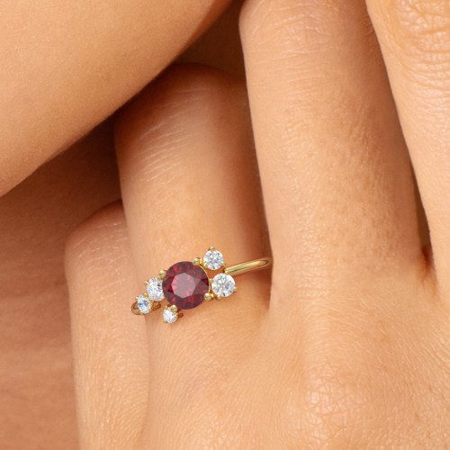 Round Gemstone Ring with Scattered Side Stones – 10K Yellow Gold with Ice Blue Sapphire and Cubic Zirconia