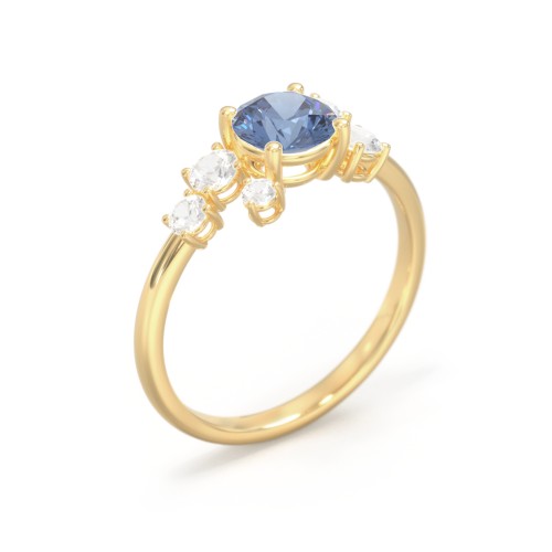 Round Gemstone Ring with Scattered Side Stones – 10K Yellow Gold with Ice Blue Sapphire and Cubic Zirconia