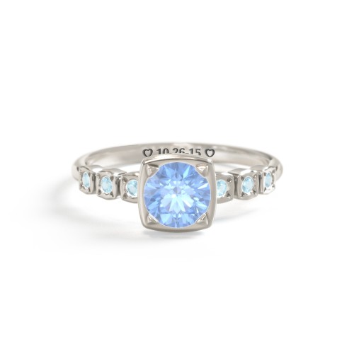 Round Gemstone Cube Ring with Star Set Accents – 10K White Gold with Fancy Blue Premium Zirconia and Blue Topaz