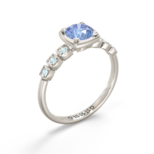 Round Gemstone Cube Ring with Star Set Accents – 10K White Gold with Fancy Blue Premium Zirconia and Blue Topaz