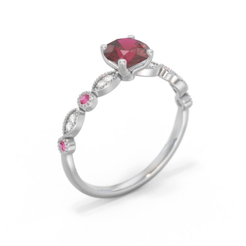 Round Gemstone Ring With Milgrain & Accents – Sterling Silver with Red Premium Zirconia, Ruby, and White Premium Zirconia