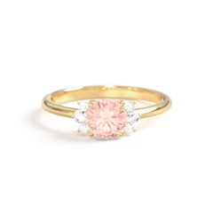 Round Gemstone Ring With Clustered Side Stones – 10K Yellow Gold with Morganite and Cubic Zirconia