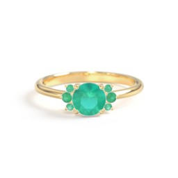 Round Gemstone Ring With Clustered Side Stones in 10K Solid Yellow Gold with Emerald