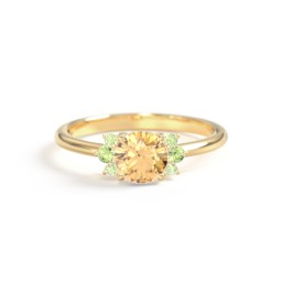 Round Gemstone Ring With Clustered Side Stones in 10K Solid Yellow Gold with Fancy Yellow Premium Zirconia and Peridot