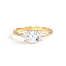 Round Gemstone Ring With Clustered Side Stones in 10K Solid Yellow Gold with White Premium Zirconia and Opal