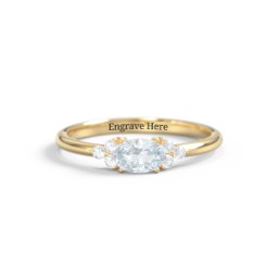 East-West Oval Gemstone Ring With Triple Side Stones in 18K Gold Plated Silver with Aquamarine